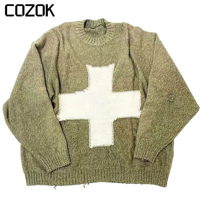 KAPITAL Vintage 1:1 Sweater Men Green Loose Cross Pattern Woman High Quality High Street Damage Hole Oversized Knitted Sweater
KAPITAL Vintage 1:1 Sweater Men Green Loose Cross Pattern Woman High Quality High Street Damage Hole Oversized Knitted Sweater
