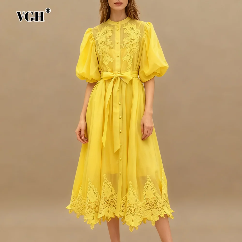 VGH Повседневное элегантное лоскутное кружевное платье средней длины для женщин с воротником-стойкой и пышными рукавами, прозрачные сетчатые платья с высокой талией и женским слингом
VGH Повседневное элегантное лоскутное кружевное платье средней длины для женщин с воротником-стойкой и пышными рукавами, прозрачные сетчатые платья с высокой талией и женским слингом