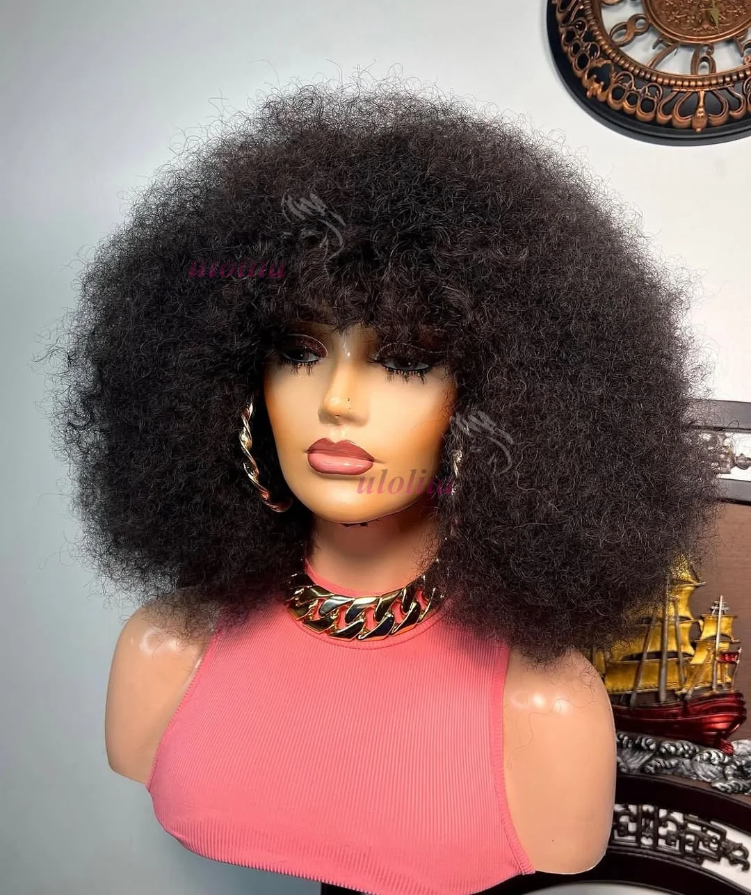 Mongolian Afro Kinky Curly with bangs 100% Human Hair Fluffy Explosive Head Wig Full Machine Made Wig For Black Women Daily Use
Mongolian Afro Kinky Curly with bangs 100% Human Hair Fluffy Explosive Head Wig Full Machine Made Wig For Black Women Daily Use