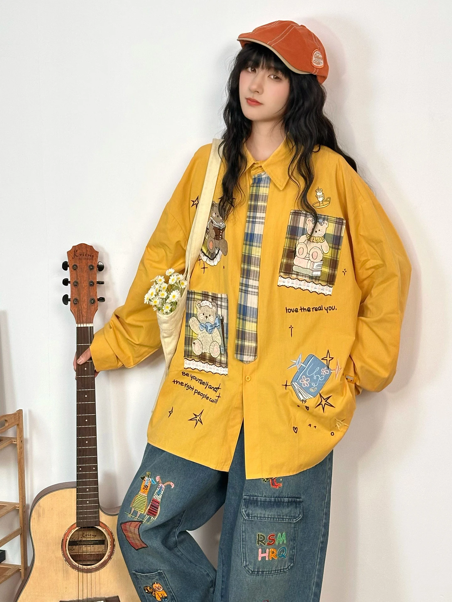 Original American Retro Bear Embroidery Long Sve irt Women Loose Lazy Sle Small ence Top Street Sle Pure Cotton
Original American Retro Bear Embroidery Long Sve irt Women Loose Lazy Sle Small ence Top Street Sle Pure Cotton