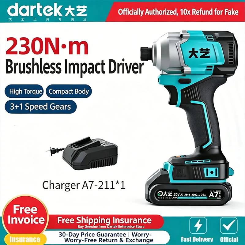 Dartek 20-230 Electric Screwdriver Lithium-Ion Impact Driver Brushless Cordless A7 Hand Screwdriver with Interchangeable Bits
Dartek 20-230 Electric Screwdriver Lithium-Ion Impact Driver Brushless Cordless A7 Hand Screwdriver with Interchangeable Bits