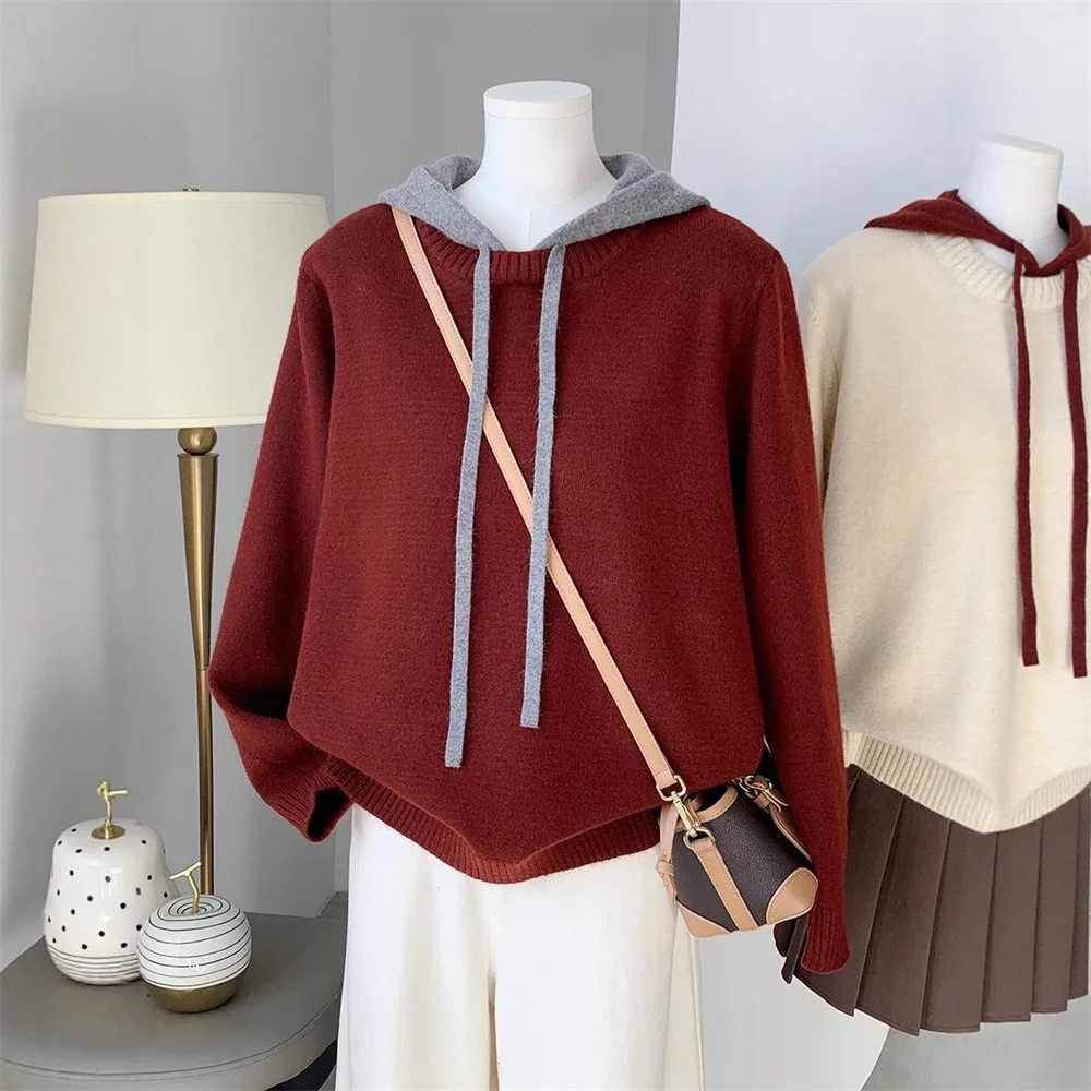 Women's Hooded Drawstring Knitted Pullover Autumn Winter Korean Style Contrast Color Out Wear Sweater Female All-match Knitwear
Women's Hooded Drawstring Knitted Pullover Autumn Winter Korean Style Contrast Color Out Wear Sweater Female All-match Knitwear