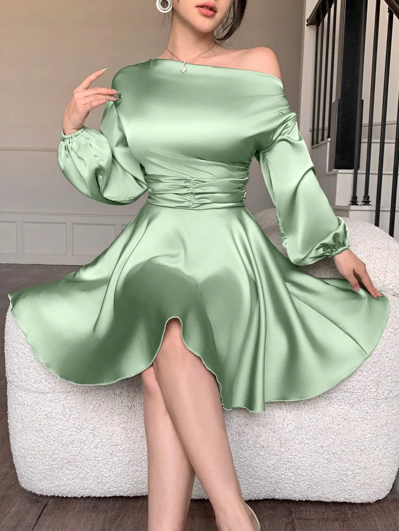 Sage Green Satin Off-Shoulder Mini Dress with Puff Sleeves, Ruched Waist & Asymmetrical Hem
Sage Green Satin Off-Shoulder Mini Dress with Puff Sleeves, Ruched Waist & Asymmetrical Hem