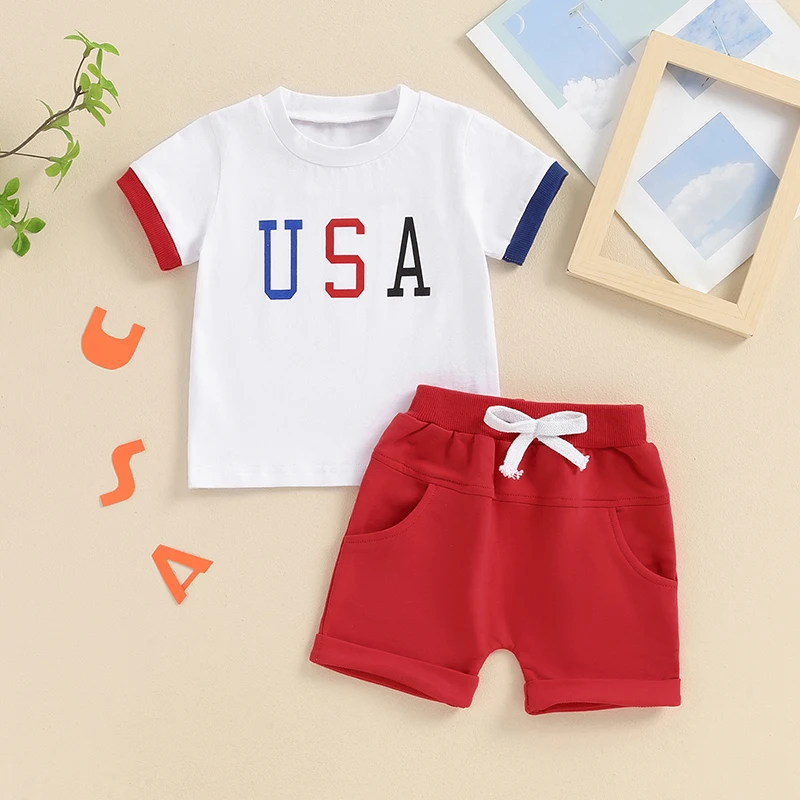 Baby Boys 4th of July Outfits Round Neck Short Sleeve Letter Print Tops + Elastic Waist Shorts Independence Day Set for Toddler
Baby Boys 4th of July Outfits Round Neck Short Sleeve Letter Print Tops + Elastic Waist Shorts Independence Day Set for Toddler