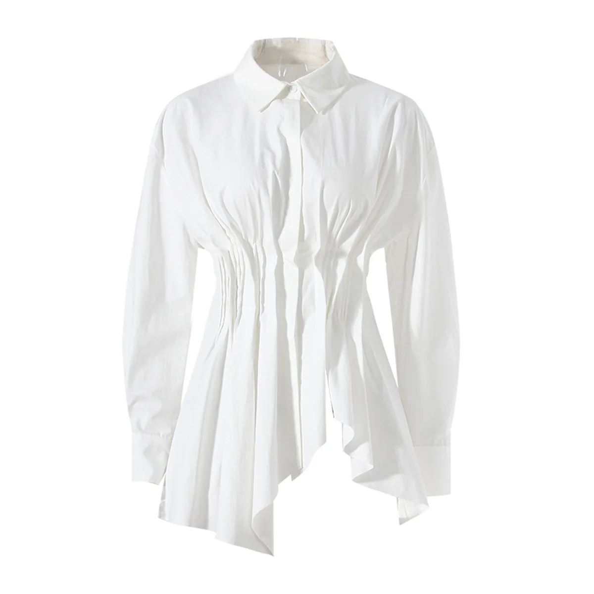 Women's Long Sleeve Solid Shirt with Irregular Fish Tail Design Pleated Waist Top Polo Collar Spring Collection
Women's Long Sleeve Solid Shirt with Irregular Fish Tail Design Pleated Waist Top Polo Collar Spring Collection