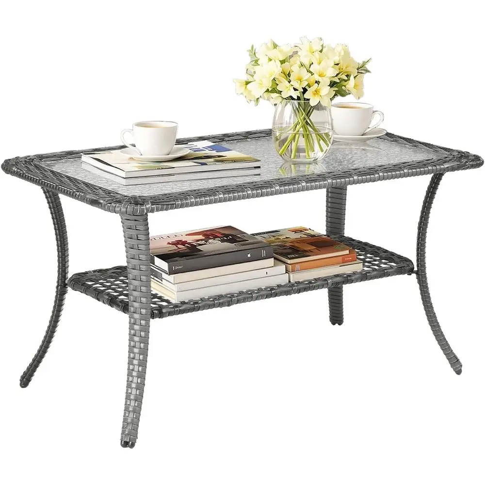 Grey Wicker Outdoor Coffee Table with Storage and Tempered Glass Top for Patio, Balcony, Deck
Grey Wicker Outdoor Coffee Table with Storage and Tempered Glass Top for Patio, Balcony, Deck