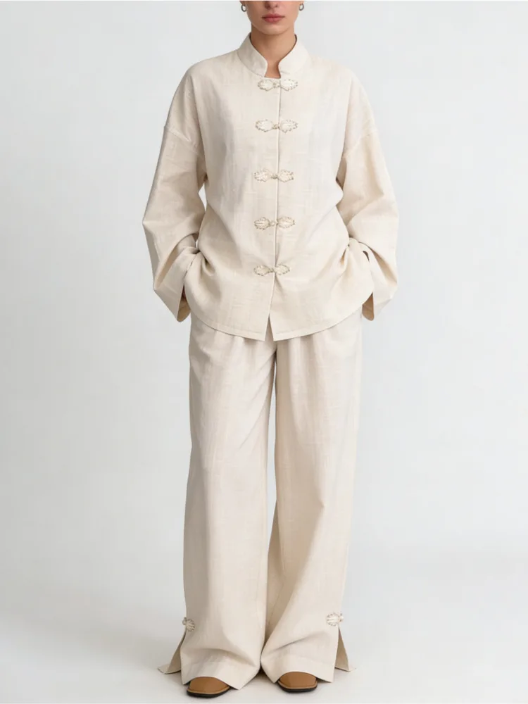 2026 New Women Fashion Two Piece Set Mandarin Collar Frog Button Shirt Wide Leg Pants Linen Style Elegant Casual Outfit
2026 New Women Fashion Two Piece Set Mandarin Collar Frog Button Shirt Wide Leg Pants Linen Style Elegant Casual Outfit