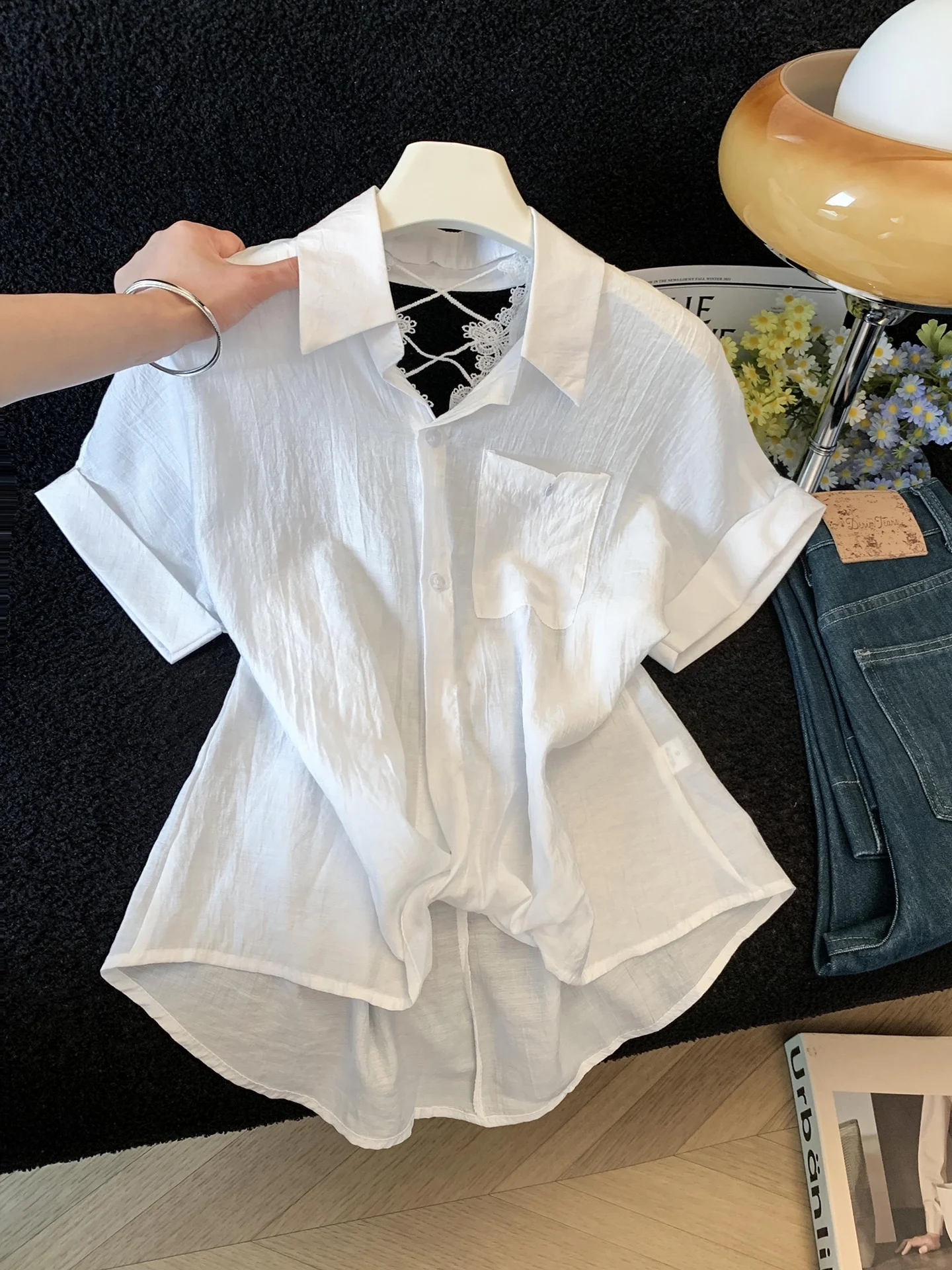 White Lace Splice Hollow out Back Short Sleeve Women's Shirt Summer Design Unique Personality Top Korean Style Loose Fit
White Lace Splice Hollow out Back Short Sleeve Women's Shirt Summer Design Unique Personality Top Korean Style Loose Fit