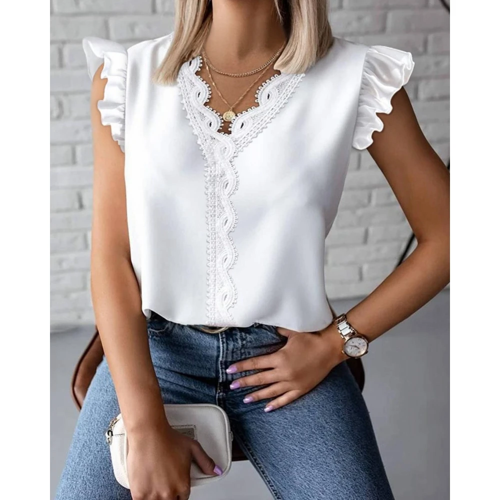 2024 Women Fashion Summer Ruffles Contrast Lace Decor Tank Top Streetwear Solid V Neck Sleeveless Tank Tee Shirts
2024 Women Fashion Summer Ruffles Contrast Lace Decor Tank Top Streetwear Solid V Neck Sleeveless Tank Tee Shirts