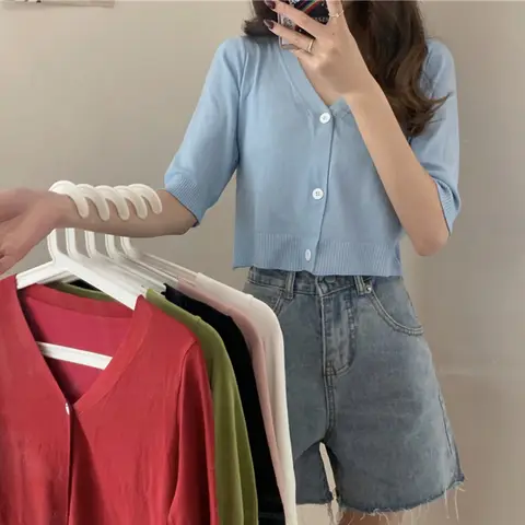 Short Sleeved  Korean Shirt V-neck knit Sweater Top Sweet Summer Solid Casual Crop Top Cardigan Y2K Woman New In Clothes Simple