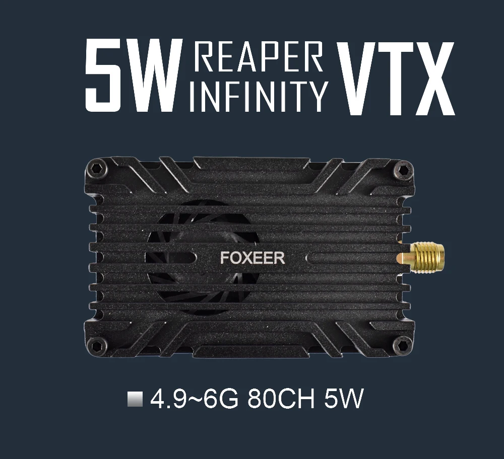 Foxeer 4.9~6G Reaper Infinity V2 5W FPV VTX 80CH SMA Build-in Mic & Fan Video Transmitter 9-36V for Long Range Drone Airplane 
Foxeer 4.9~6G Reaper Infinity V2 5W FPV VTX 80CH SMA Build-in Mic & Fan Video Transmitter 9-36V for Long Range Drone Airplane