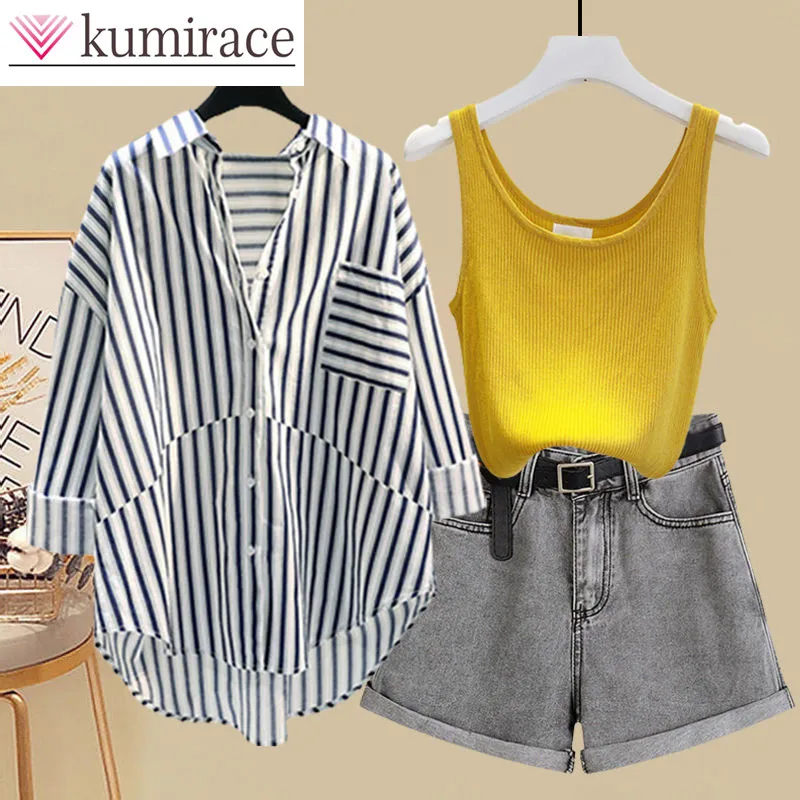 Stripe Patchwork Chiffon Shirt Suspender Vest Denim Shorts Three-piece Elegant Women's Pants Set Summer Tracksuit Outfits
Stripe Patchwork Chiffon Shirt Suspender Vest Denim Shorts Three-piece Elegant Women's Pants Set Summer Tracksuit Outfits