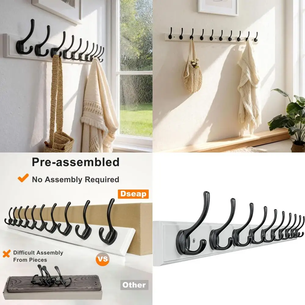 Wall-Mounted Coat Rack with 10 Hooks, 38.25 Length, 16 Spacing, Wooden, Available in White and Black
Wall-Mounted Coat Rack with 10 Hooks, 38.25 Length, 16 Spacing, Wooden, Available in White and Black