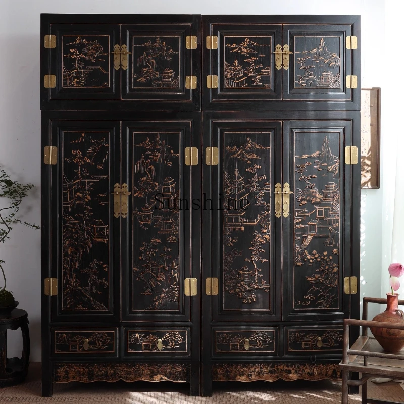 Floor-to-ceiling carved large wardrobe solid wood Chinese elm antique storage hanging wardrobe
Floor-to-ceiling carved large wardrobe solid wood Chinese elm antique storage hanging wardrobe