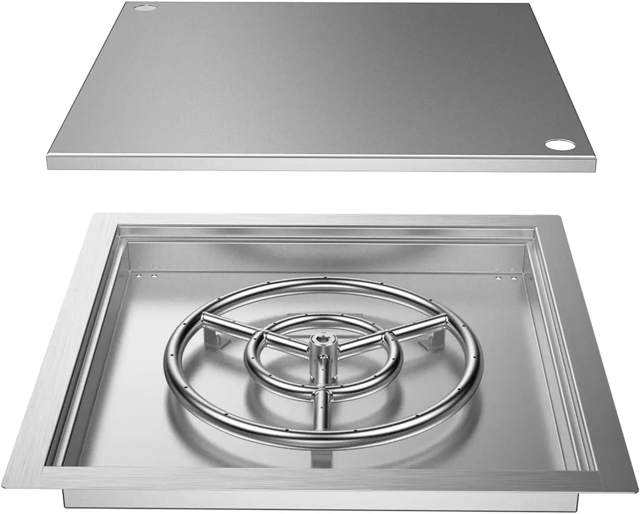 18 inch Square Stainless Steel Drop in Fire Pit Burner Pan with Burner Ring and Protective Cover
18 inch Square Stainless Steel Drop in Fire Pit Burner Pan with Burner Ring and Protective Cover