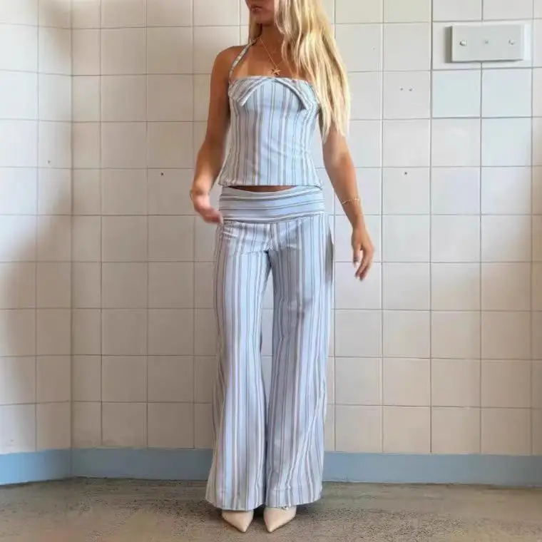 Chic Backless Striped Lace Up Halter Vest Set Women's High Waist Wide Leg Pants Suit 2025 Summer Daily Commute 2 Piece Outfit
Chic Backless Striped Lace Up Halter Vest Set Women's High Waist Wide Leg Pants Suit 2025 Summer Daily Commute 2 Piece Outfit