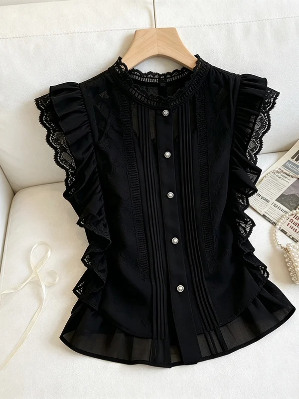 plus Size Women's Black round Neck Lace Splice Sleeveless Shirt Commute Style Korean Version Waist Cinched Regular Length
plus Size Women's Black round Neck Lace Splice Sleeveless Shirt Commute Style Korean Version Waist Cinched Regular Length