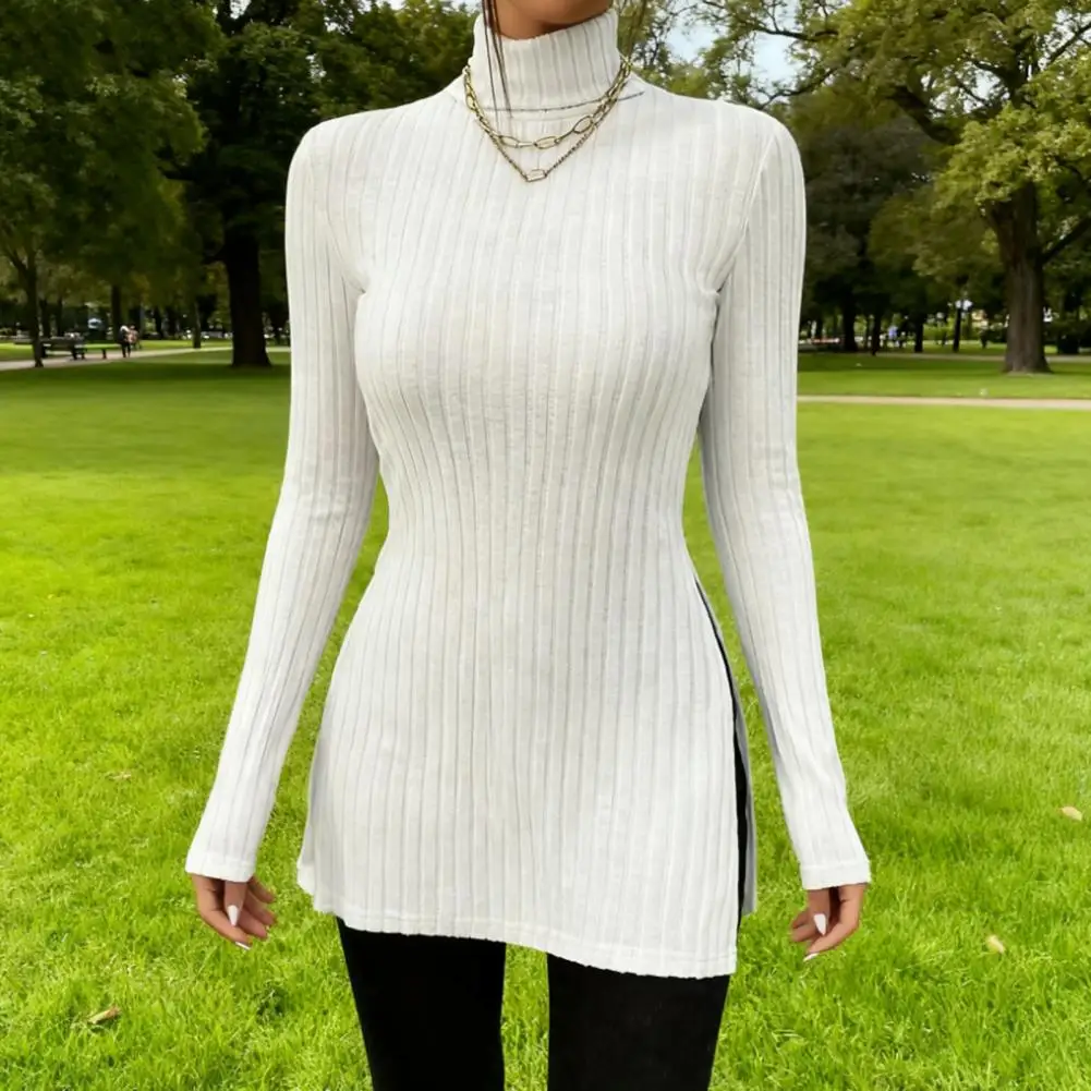 Women Tops Elegant Women's High Collar Knit Sweater Tops with Side Split Design Slim Fit Ribbed Mid-length Sweater Tops for A
Women Tops Elegant Women's High Collar Knit Sweater Tops with Side Split Design Slim Fit Ribbed Mid-length Sweater Tops for A