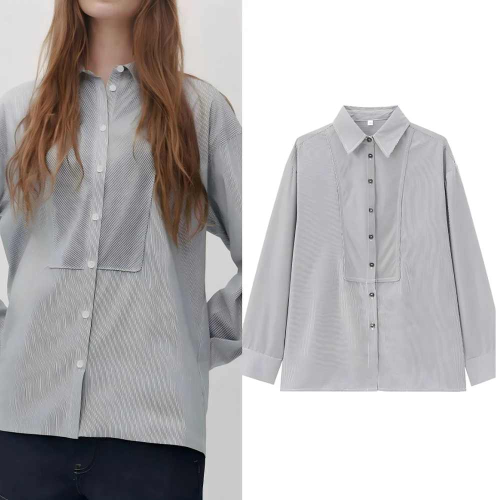 Women's new fashion loose single breasted series striped shirt retro lapel long sleeved women's shirt chic top
Women's new fashion loose single breasted series striped shirt retro lapel long sleeved women's shirt chic top