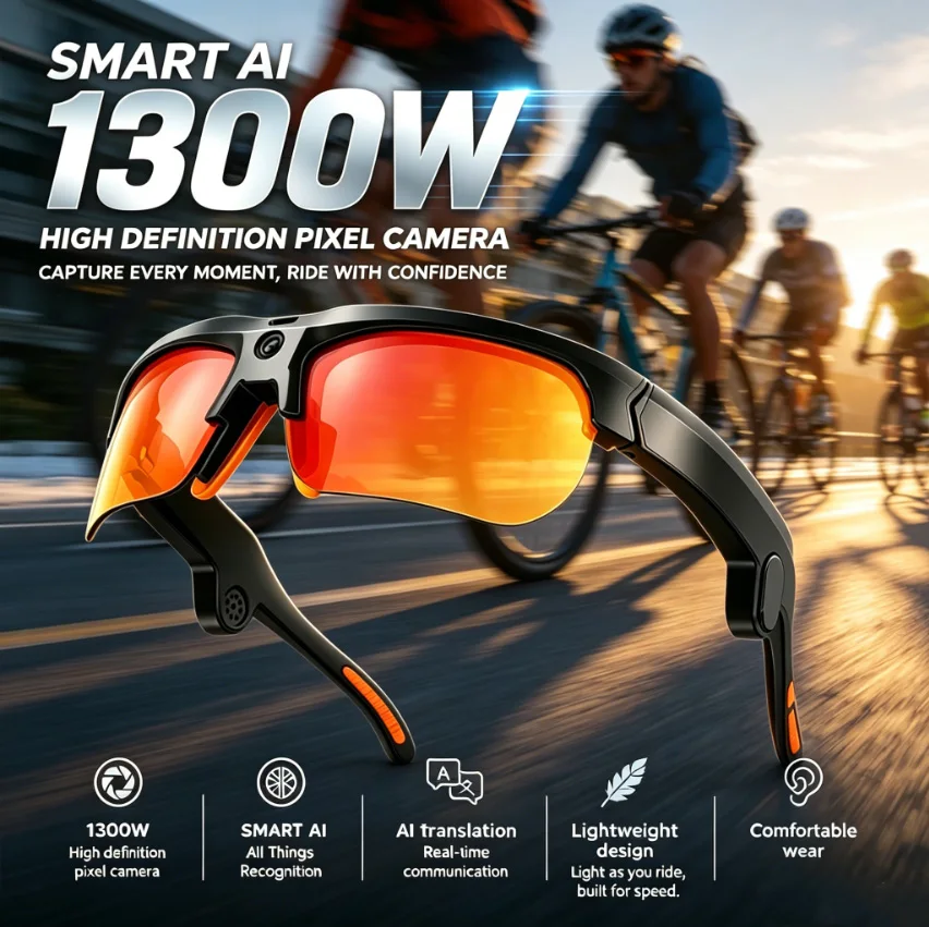 New 13MP HD Camera Smart Cycling Glasses AI Voice Assistant AI Translation AI Model 1080P HD Shooting BT Call Cycling Glasses
New 13MP HD Camera Smart Cycling Glasses AI Voice Assistant AI Translation AI Model 1080P HD Shooting BT Call Cycling Glasses