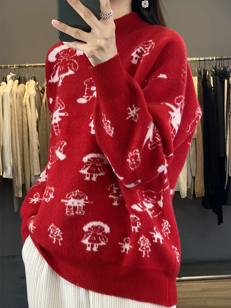 2024 Pure Merino Wool Sweater Women Autumn Winter Casual Cartoon O-Neck Pullover Knitwear Warm Loose Cashmere Clothing Tops
2024 Pure Merino Wool Sweater Women Autumn Winter Casual Cartoon O-Neck Pullover Knitwear Warm Loose Cashmere Clothing Tops