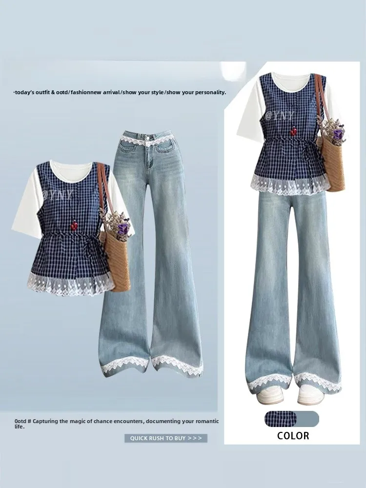 Unique Goldfish Print Short Sleeve T-Shirt Vest High Waist Floor-Length Slimming Jeans Three-Piece Set Women's Fashion Ensemble
Unique Goldfish Print Short Sleeve T-Shirt Vest High Waist Floor-Length Slimming Jeans Three-Piece Set Women's Fashion Ensemble