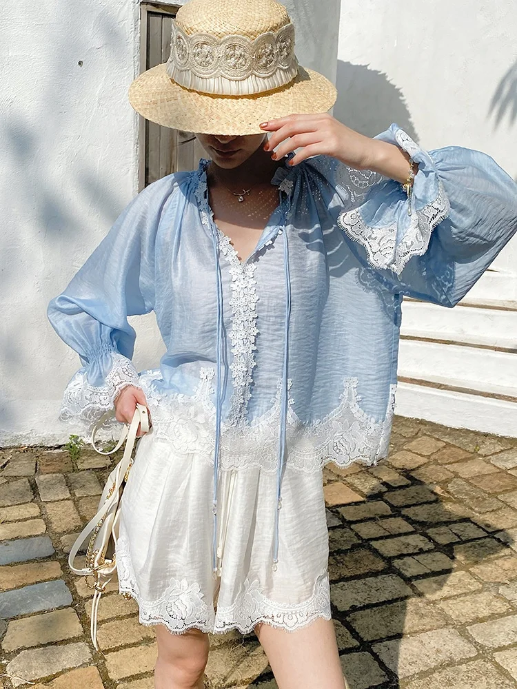 Romantic Lace Splice Long Sleeve Shirt Women's Belted Holiday Slimming Top Shorts Set Embroidered Loose Fit Summer Outfit
Romantic Lace Splice Long Sleeve Shirt Women's Belted Holiday Slimming Top Shorts Set Embroidered Loose Fit Summer Outfit