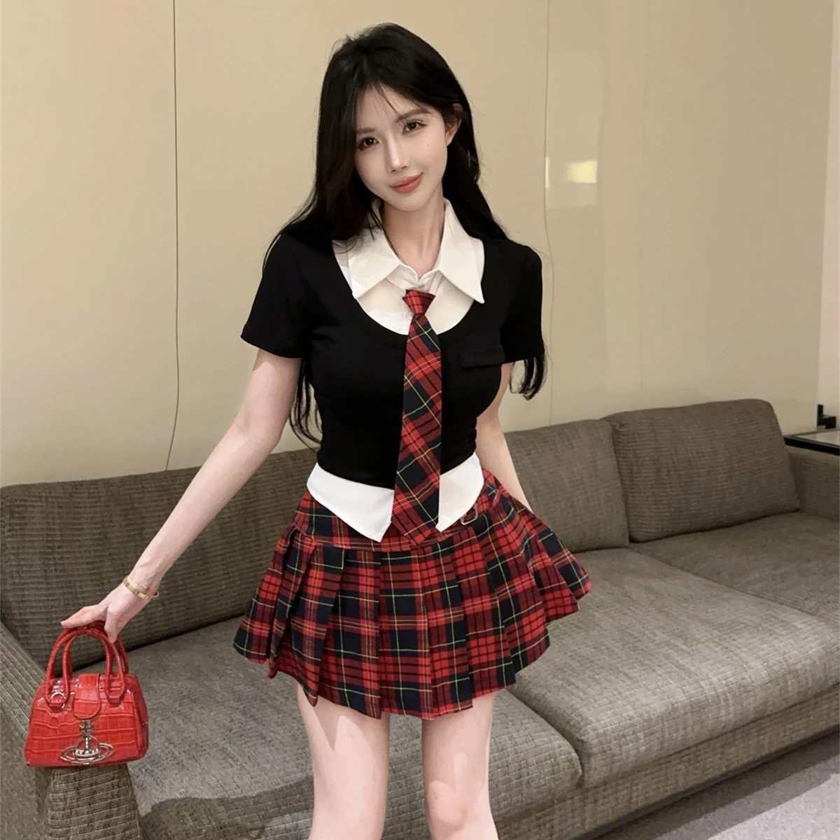Summer College Style Plaid Skirt Set High Waist Short Sleeve Collar Top And Pants for Women Fashionable Student Uniform
Summer College Style Plaid Skirt Set High Waist Short Sleeve Collar Top And Pants for Women Fashionable Student Uniform