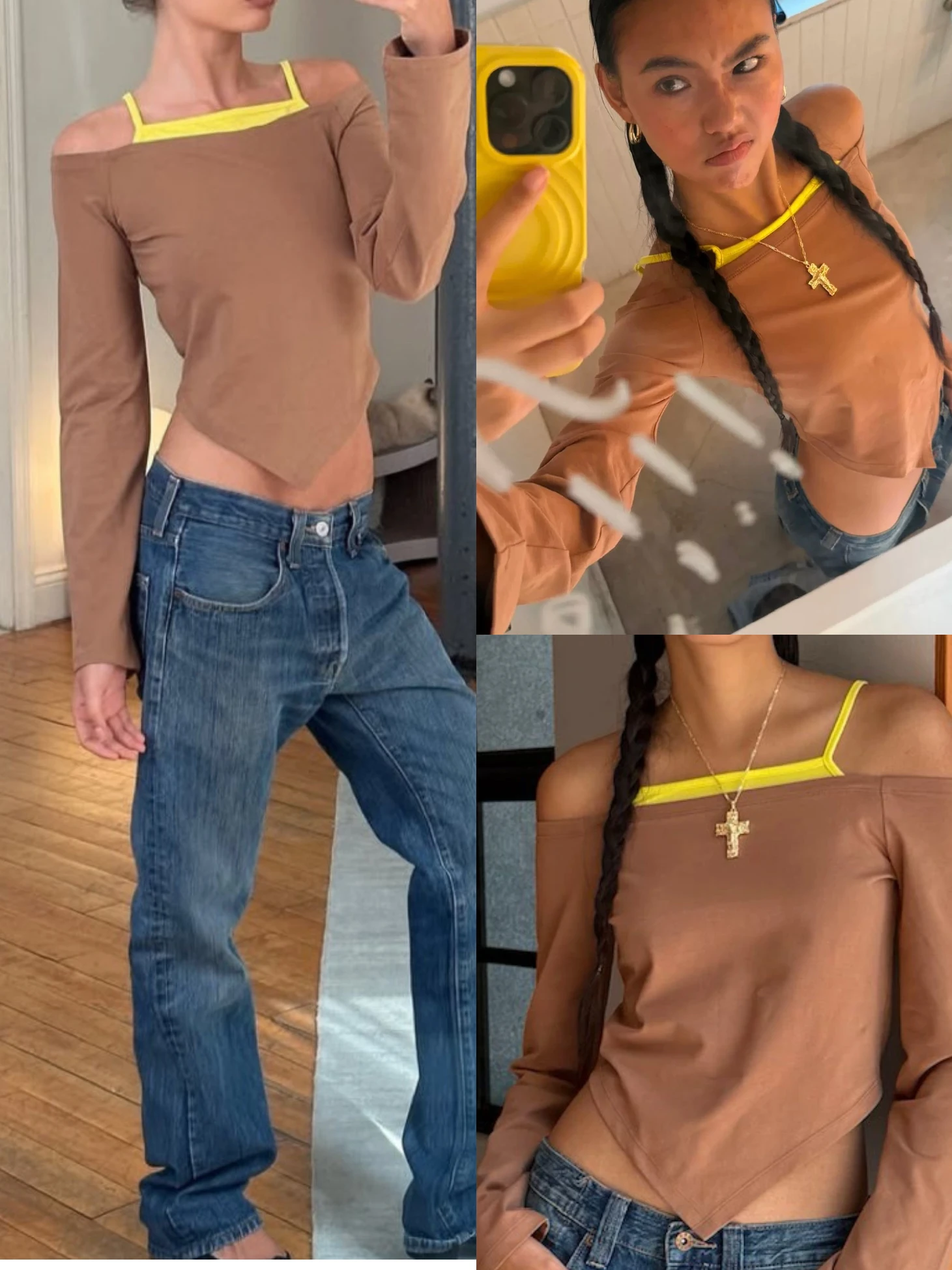 Susm Autumn Women's Fashionable Casual Two-Piece Style Off-Shoulder Long-Sleeve T-Shirt with Triangular Hem and Built-In Yellow Strap Design Top, Elastic Fabric, Soft and Comfortable
Susm Autumn Women's Fashionable Casual Two-Piece Style Off-Shoulder Long-Sleeve T-Shirt with Triangular Hem and Built-In Yellow Strap Design Top, Elastic Fabric, Soft and Comfortable