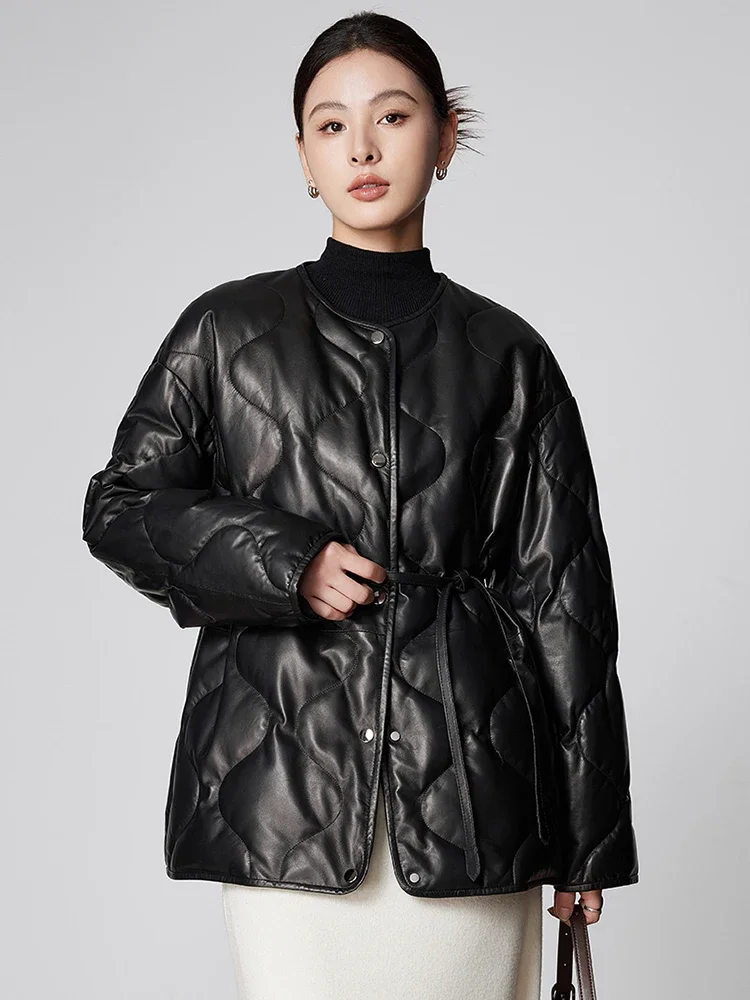 Classic O-neck Genuine Leather Goose Down Jackets for Women 2026 High-end Simple Soft Black Real Sheepskin Down Coat with Belt
Classic O-neck Genuine Leather Goose Down Jackets for Women 2026 High-end Simple Soft Black Real Sheepskin Down Coat with Belt