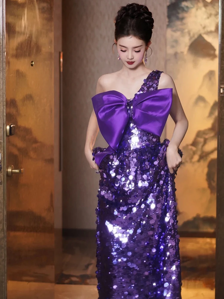 Toast Dress Bride Temperamental Minority Engagement Wedding Morning Gowns One Shoulder Bow Purple Banquet Host
Toast Dress Bride Temperamental Minority Engagement Wedding Morning Gowns One Shoulder Bow Purple Banquet Host