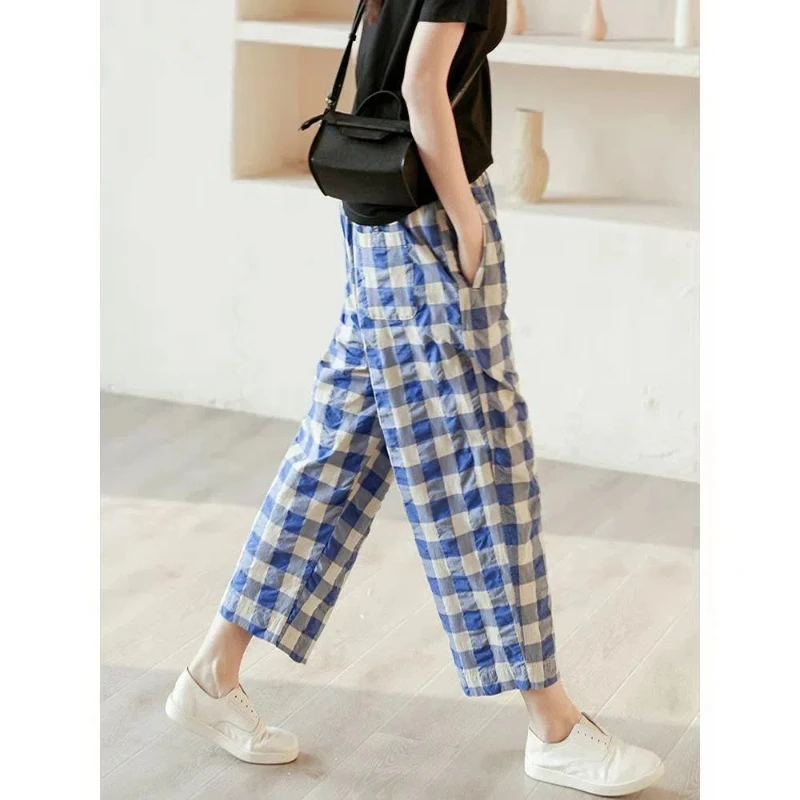 Retro Cotton and Linen Plaid Harem Pants for Women Loose Large Size Slimming Versatile Elastic Waist Nine-point Casual Pants
Retro Cotton and Linen Plaid Harem Pants for Women Loose Large Size Slimming Versatile Elastic Waist Nine-point Casual Pants