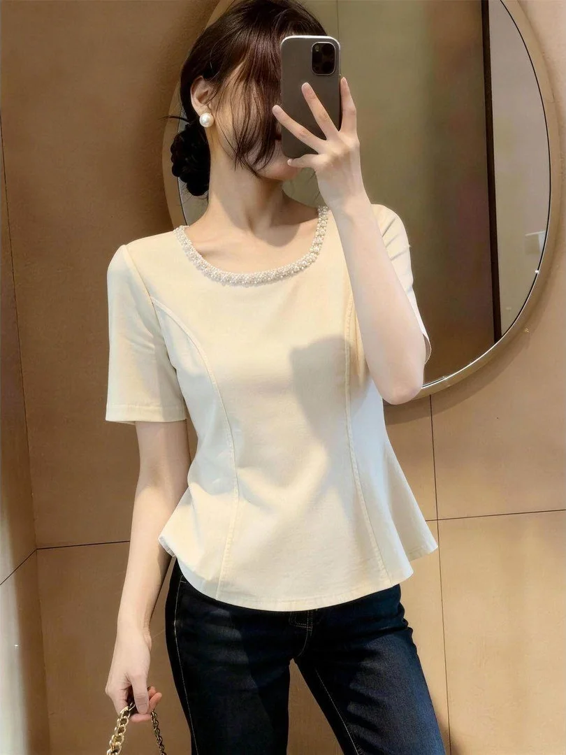 Slimming Short Sleeve T-Shirt Women's Summer plus Size Heavy Embellishment Casual Style Loose Fit High Waist round Neck Top
Slimming Short Sleeve T-Shirt Women's Summer plus Size Heavy Embellishment Casual Style Loose Fit High Waist round Neck Top
