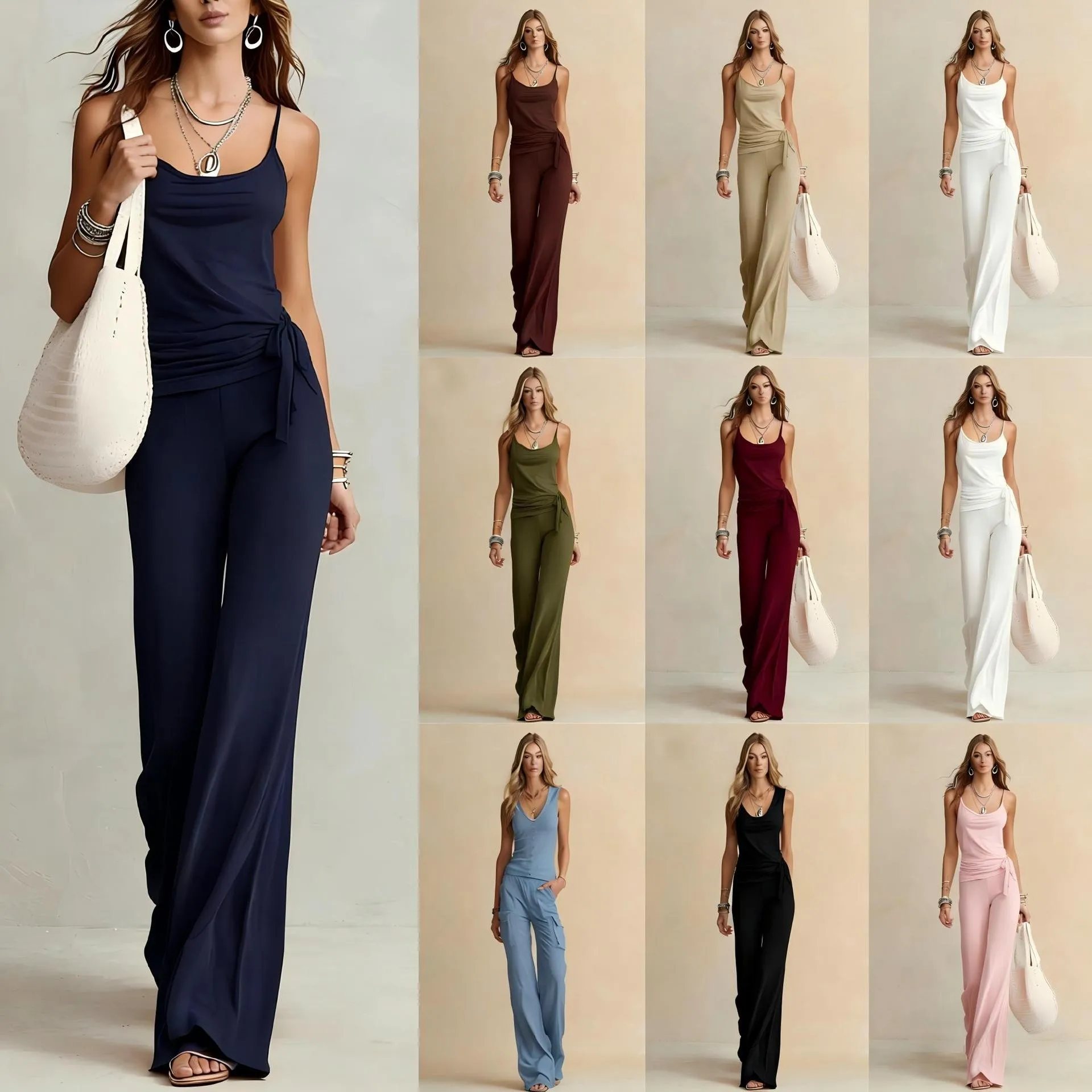Summer Suit 2 Piece Set Sleeveless V Neck High Waist Wide Leg Maxi Pants with Side Tie Solid Color Casual Two Piece Outfits
Summer Suit 2 Piece Set Sleeveless V Neck High Waist Wide Leg Maxi Pants with Side Tie Solid Color Casual Two Piece Outfits