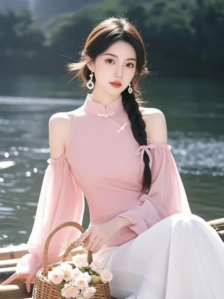 Pink Traditional Chinese Style Long Sleeve Shoulder Bared Shirt Women's Spring Summer New Version Improved Unique B...
Pink Traditional Chinese Style Long Sleeve Shoulder Bared Shirt Women's Spring Summer New Version Improved Unique B...