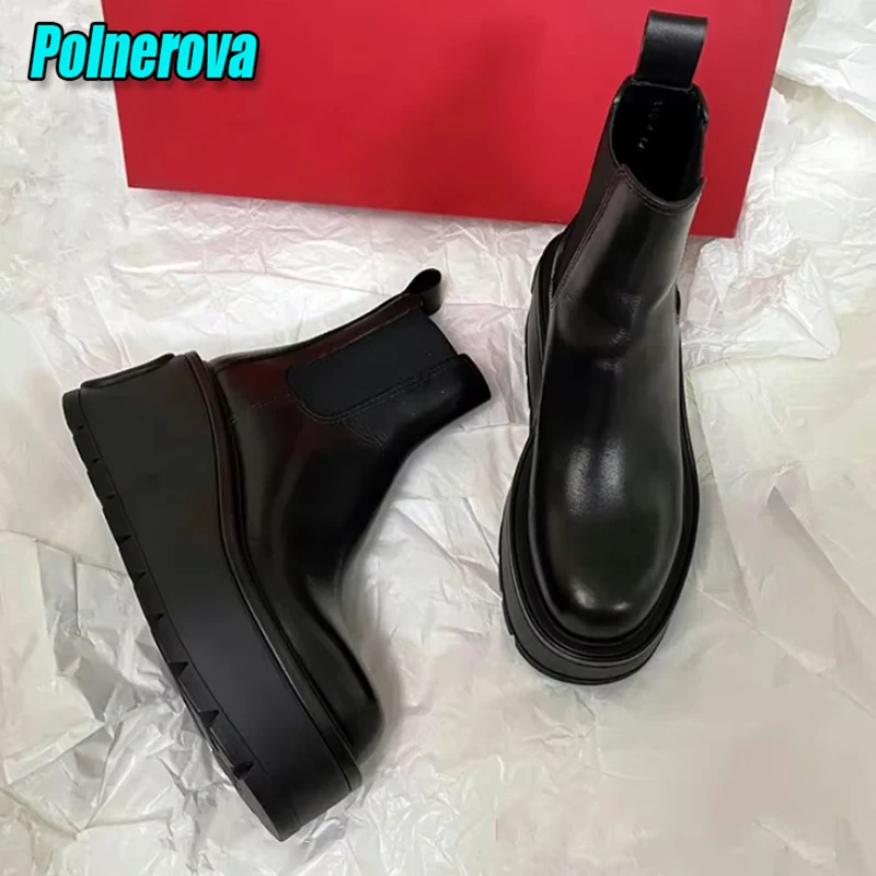 Women's Thick Soled Wedge Chelsea Boots Black Leather Round Toe Slip-On Elastic Short Booties Fashion Platform High Heels Shoes
Women's Thick Soled Wedge Chelsea Boots Black Leather Round Toe Slip-On Elastic Short Booties Fashion Platform High Heels Shoes