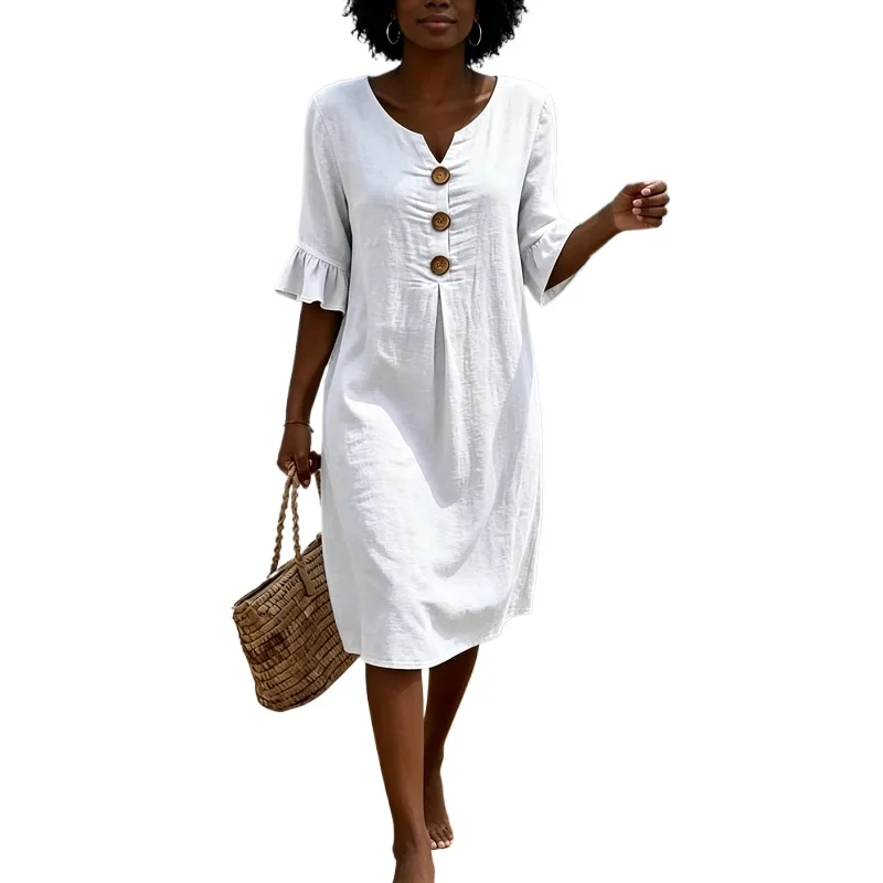 Women Faux Linen Polyester Midi Dress Notched V Neck Elbow Length Ruffle Sleeve Button Front Loose Casual Beach Summer Vacation
Women Faux Linen Polyester Midi Dress Notched V Neck Elbow Length Ruffle Sleeve Button Front Loose Casual Beach Summer Vacation