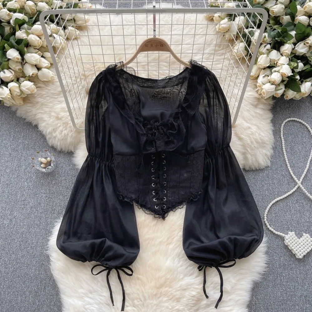 Mesh Ruffled Lace Chiffon Tops Patchwork Puff Long Sleeve Chiffon Blouse Embroidery V Neck Lace-up Shirts Party
Mesh Ruffled Lace Chiffon Tops Patchwork Puff Long Sleeve Chiffon Blouse Embroidery V Neck Lace-up Shirts Party