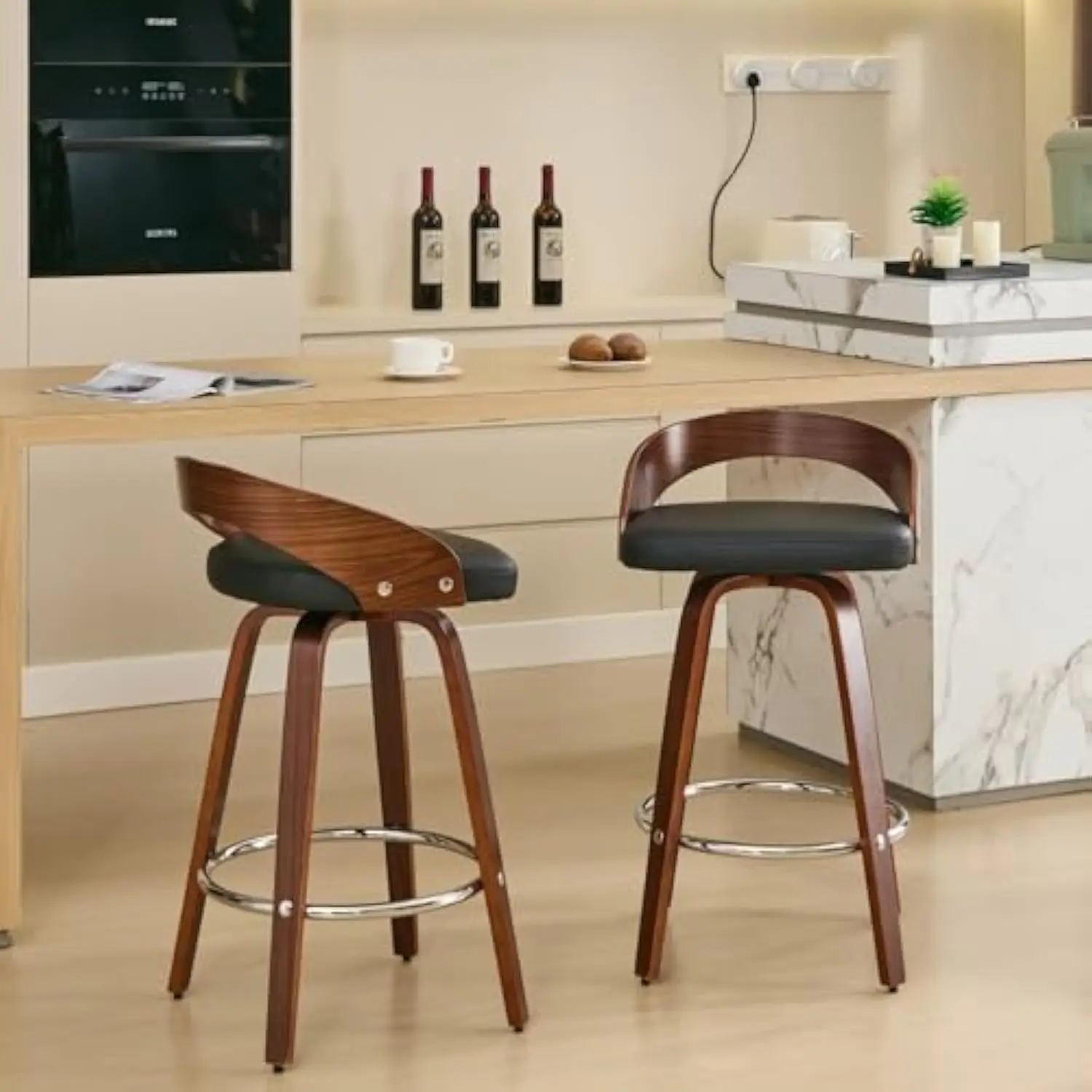 360 ° Swivel Mid Century Bar Stools with Low Back Set of 2, Cherry Wooden Bar Stool with Black Pu Upholstered, 26 Counter Height
360 ° Swivel Mid Century Bar Stools with Low Back Set of 2, Cherry Wooden Bar Stool with Black Pu Upholstered, 26 Counter Height