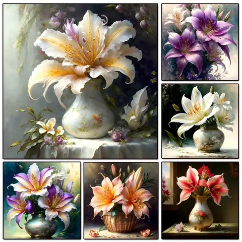 New Arrival Diamond Painting Lily Flower Vase Full Square Embroidery Flower Mosaic Picture Of Rhinestone Cross Stitch Home Decor