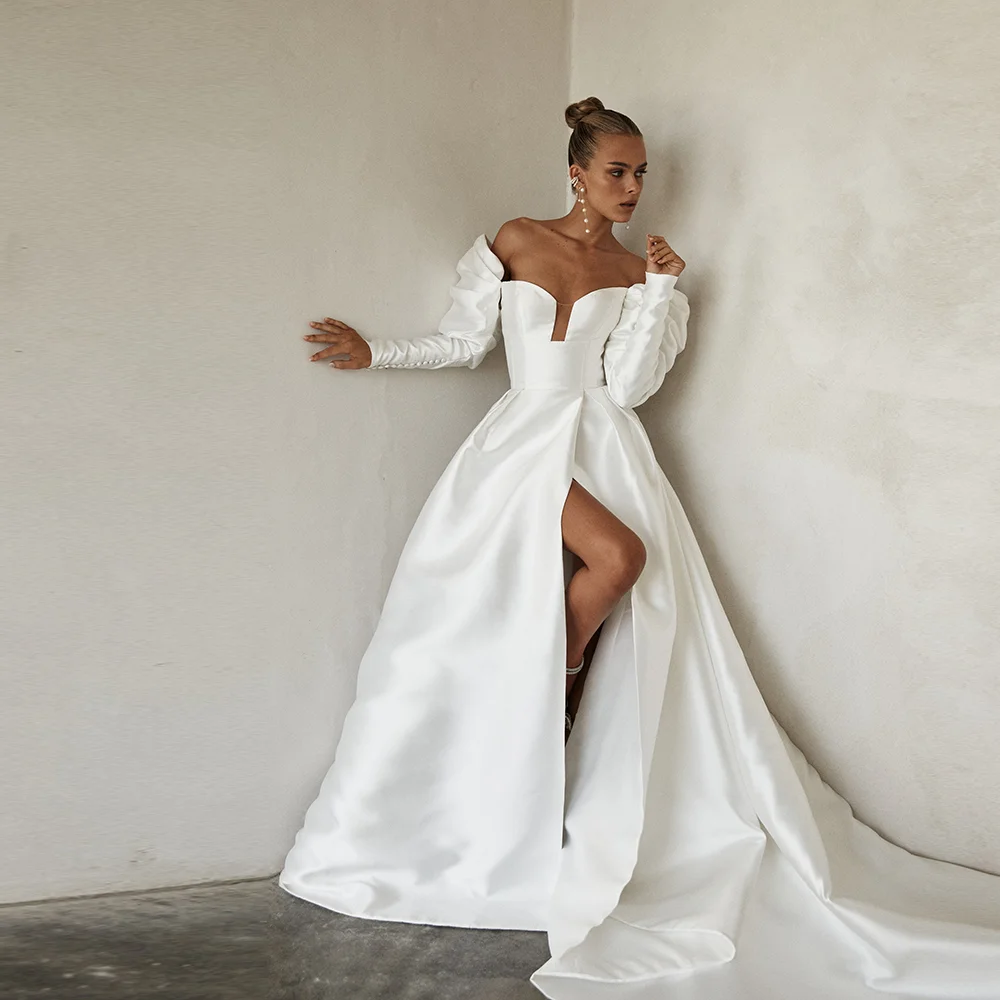 Off-Shoulder Satin Wedding Dress A-line Side High Slit Sweep Trian Backless Bridal Gown with Detachable Sleeve Vestidos De
Off-Shoulder Satin Wedding Dress A-line Side High Slit Sweep Trian Backless Bridal Gown with Detachable Sleeve Vestidos De