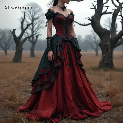 Dark Red And Black Victorian Period Prom Dress Lace Appliques Corset Off Shoulder Masquerade Special Occasion Gown Customized
