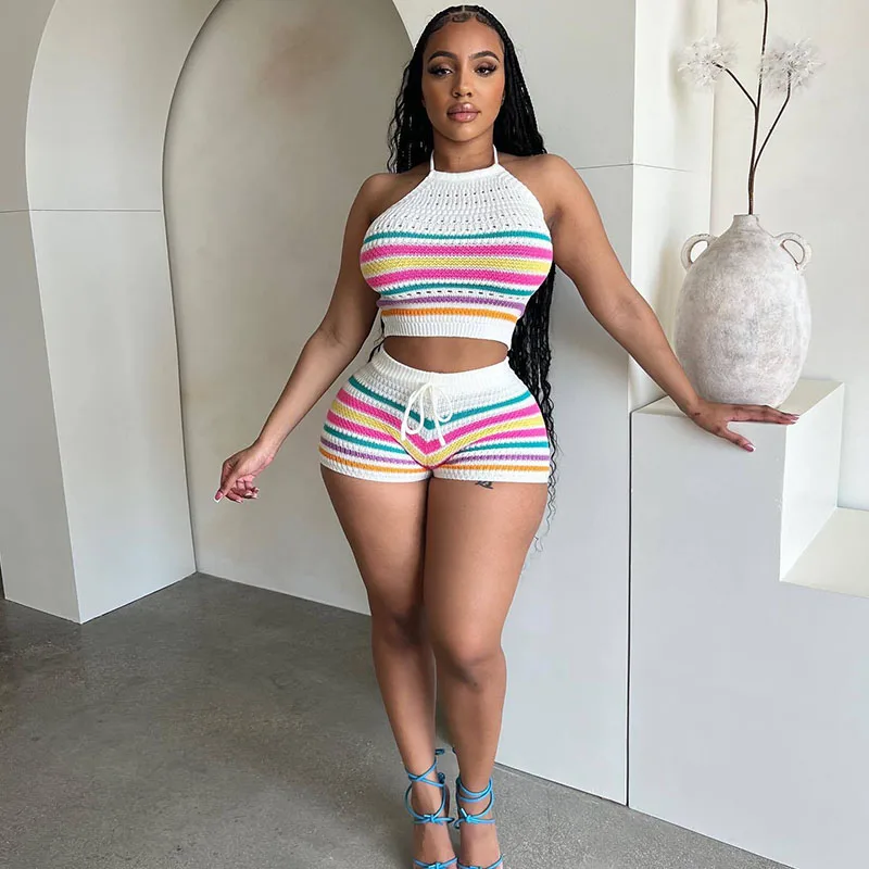 Knitted Colour Striped Printed Skinny Two Piece Sets Woman Summer Clothes Vacation Beach Wear Halter Backless Top and Shorts Set
Knitted Colour Striped Printed Skinny Two Piece Sets Woman Summer Clothes Vacation Beach Wear Halter Backless Top and Shorts Set