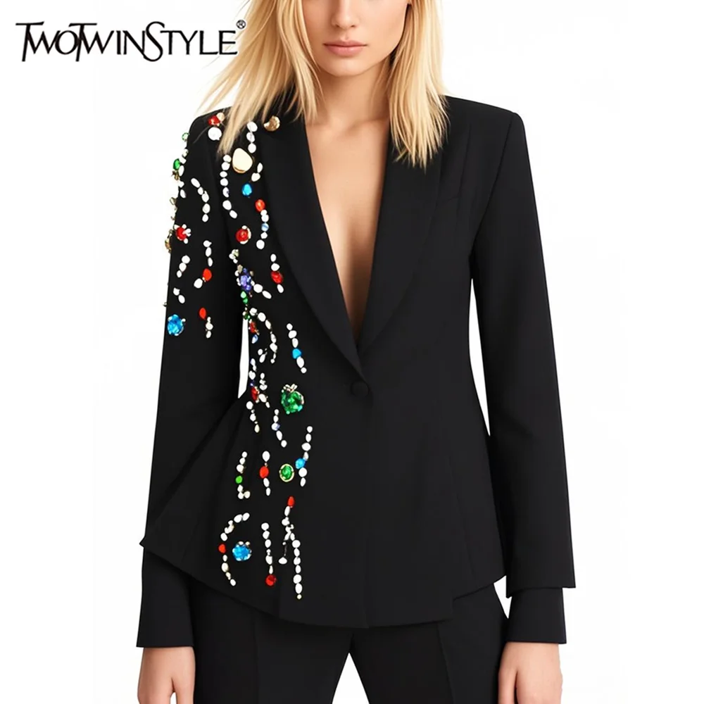 TWOTWINSTYLE Solid Spliced Diamonds Slimming Blazers For Women Lapel Long Sleeve Tunic Temperament Casual Coats Female Fashion
TWOTWINSTYLE Solid Spliced Diamonds Slimming Blazers For Women Lapel Long Sleeve Tunic Temperament Casual Coats Female Fashion