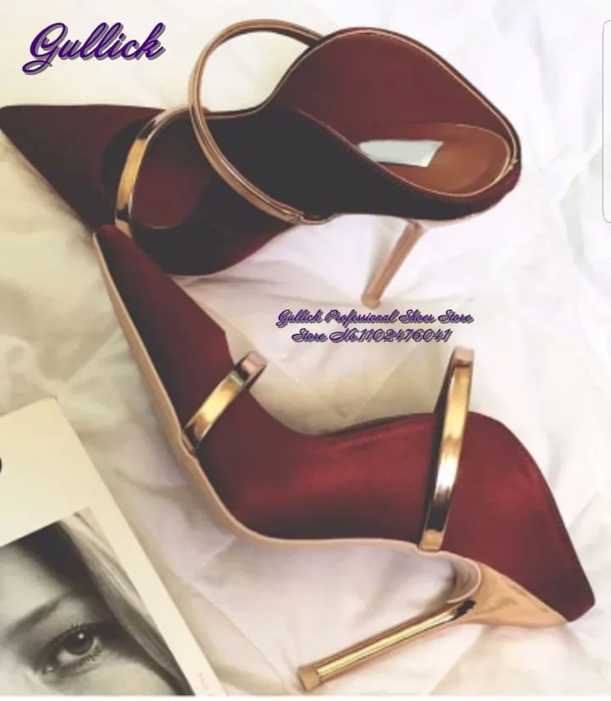Gullick Wine Red Satin Cloth Golden Stiletto Heels Modern Slippers Shallow Cut Straps Color Patchwork Slip-On Dress Shoes
Gullick Wine Red Satin Cloth Golden Stiletto Heels Modern Slippers Shallow Cut Straps Color Patchwork Slip-On Dress Shoes