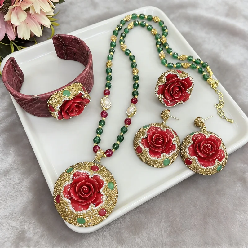 Luxury Freshwater Pearl Cinnabar Crystal Jewelry Set Snake Skin 3D Peony Flower Design Pattern Necklace Bracelet Lucky Jewelry
Luxury Freshwater Pearl Cinnabar Crystal Jewelry Set Snake Skin 3D Peony Flower Design Pattern Necklace Bracelet Lucky Jewelry