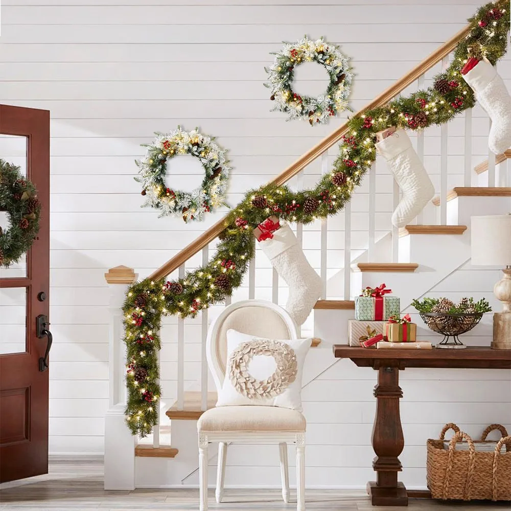 Внутренний/наружный 2 шт., 18/24 дюйма, предварительно освещенный снежный флокированный рождественский венок с декором из огней
Внутренний/наружный 2 шт., 18/24 дюйма, предварительно освещенный снежный флокированный рождественский венок с декором из огней