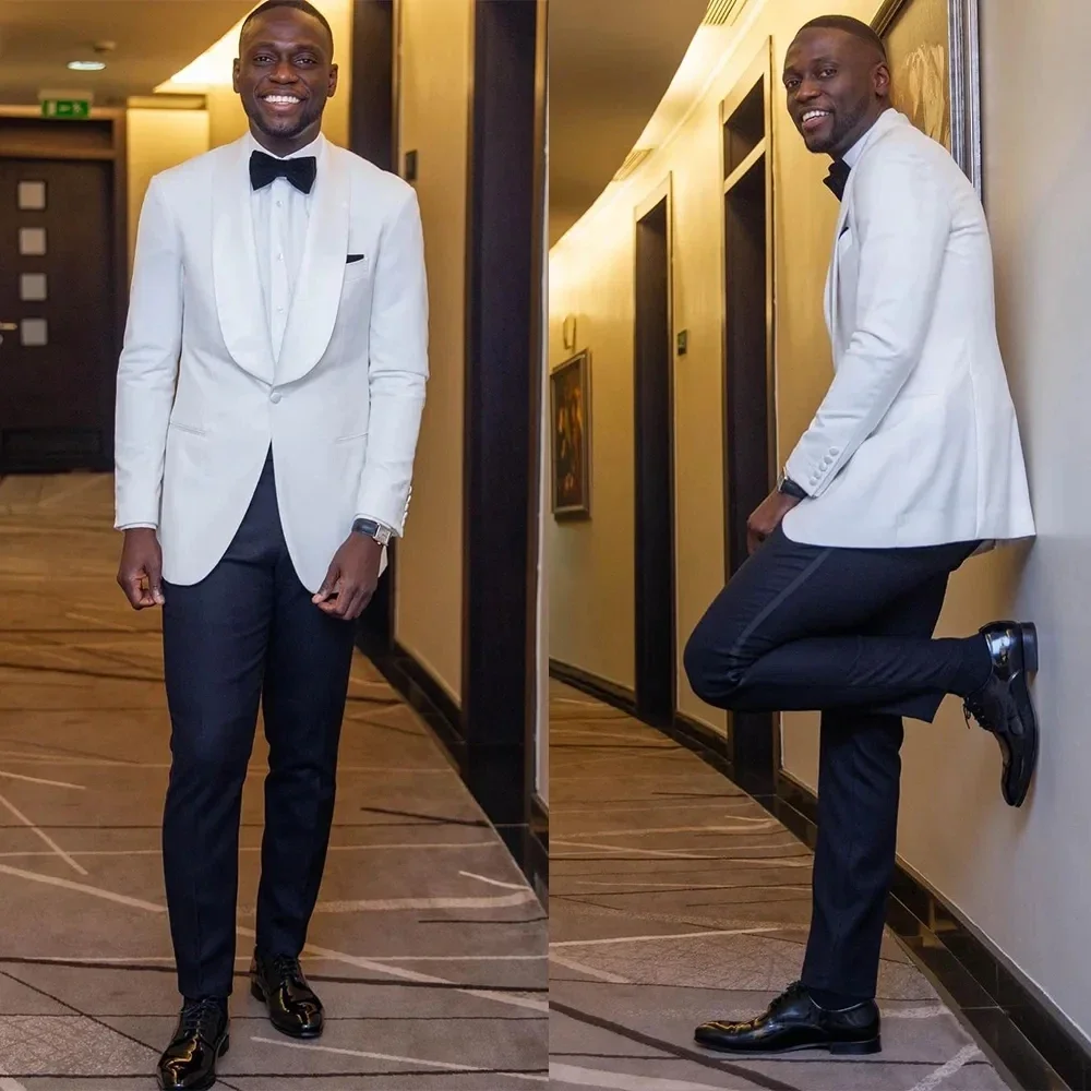 Luxury Men Suits White Jacket Navy Blue Pants 2 Piece Shawl Lapel Single Breasted Wedding Groom Clothing High Quality Full Set
Luxury Men Suits White Jacket Navy Blue Pants 2 Piece Shawl Lapel Single Breasted Wedding Groom Clothing High Quality Full Set