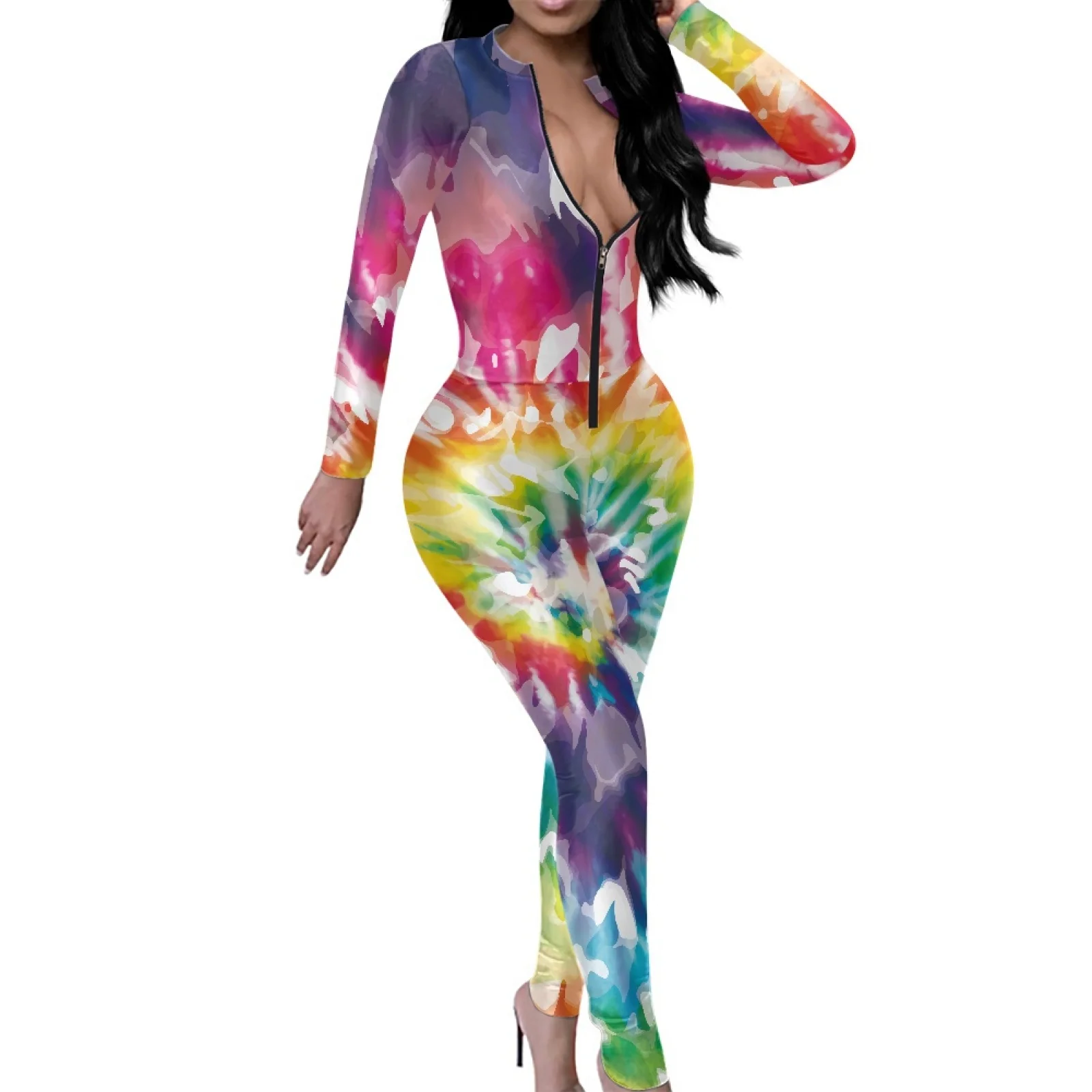 Exquisite Tie Dye Pattern Printing Women Tight Jumpsuits Full Sleeve Streetwear Fashion Zip Up V Neck Female One Piece Overall
Exquisite Tie Dye Pattern Printing Women Tight Jumpsuits Full Sleeve Streetwear Fashion Zip Up V Neck Female One Piece Overall