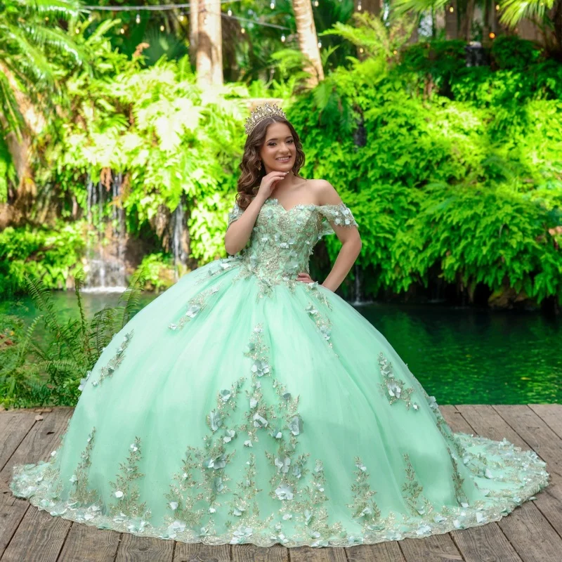 Customized Light green Quinceanera Dresses Off the Shoulder sequin applique 3D flower crystal tail Vestido De 15 Quinceanera
Customized Light green Quinceanera Dresses Off the Shoulder sequin applique 3D flower crystal tail Vestido De 15 Quinceanera
